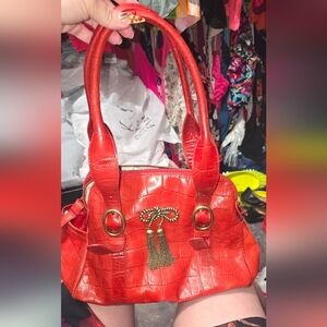 🍁🍂RARE VTG Genuine Red Leather Croc Betsey Johnson Satchel Gold Tassel Key Fob